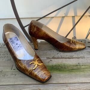 Vintage 90s J Renee gold marble metallic square toe faux buckle block heels 8M